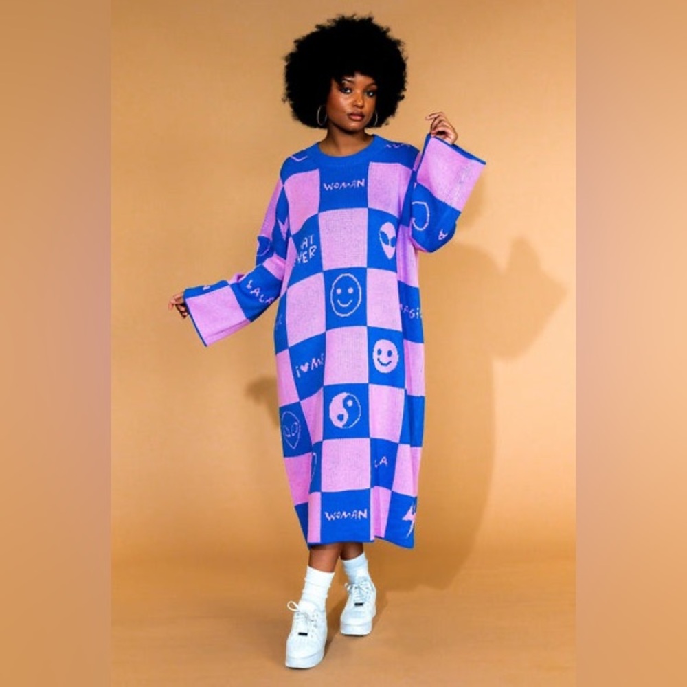 Dressed in Lala- NEW - NWT Love Me Oversized Knit Dress Blue + Pink Size L / XL